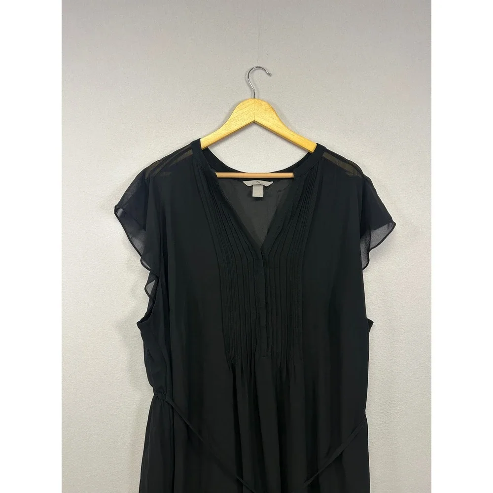 Dark Academia H&M Womens XXL Black‎ Pleated V-Neck Flutter Sleeve Tunic Dress